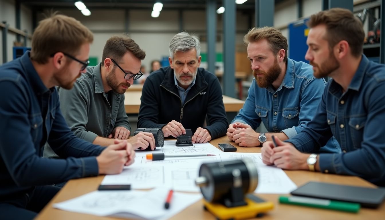 A group of adults in a workshop learning about motors and tools.