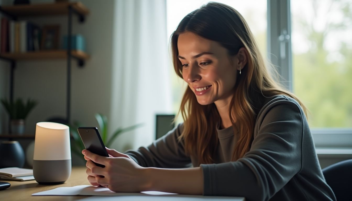 A woman in her 30s sets up Google Assistant at her home office desk.